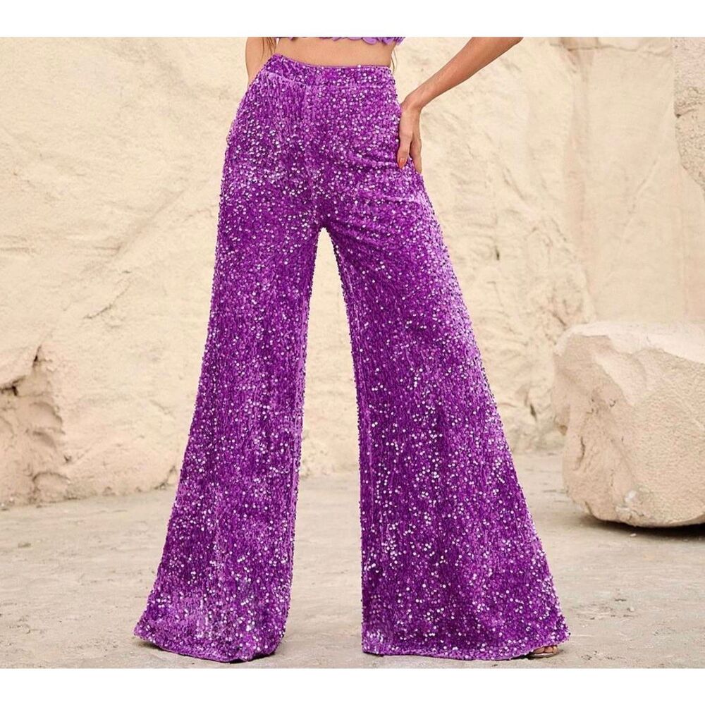 Purple Wide Leg Glitter Pants for Special Occasions